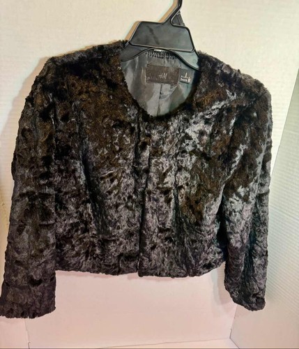 H&M Women's Black Faux Fur Jacket Shaggy Crop Coat Lined Size S