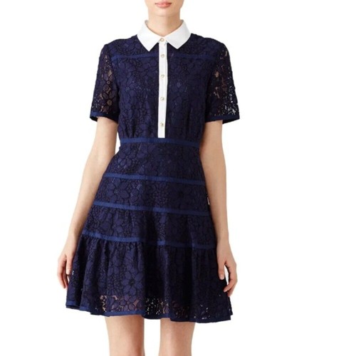 Abito Draper James Meadow blu navy pizzo orlo bianco preppy a strati taglia 8 donna - Foto 2 di 14
