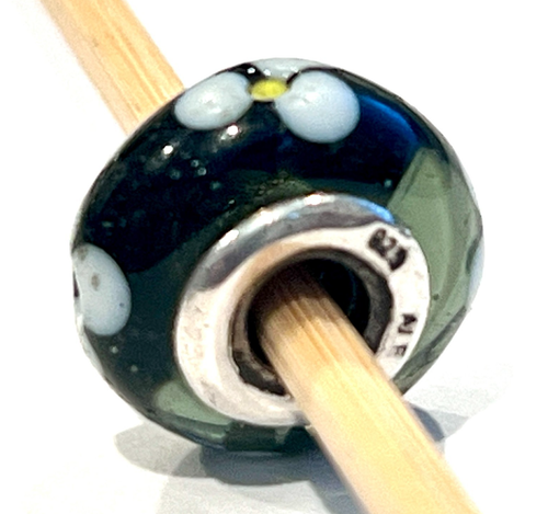 PANDORA 790604 Black Flower Glass Charm Sterling Silver Stamped ALE 925 RETIRED  - Picture 5 of 13