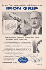 Ford Iron Grip Brake Linings Vintage Magazine Print Ad 1956 Genuine Ford Parts