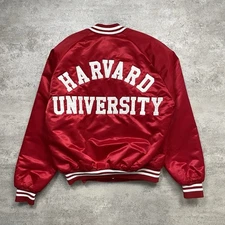 VTG 90s NCAA HARVARD CRIMSON CHALK LINE SATIN JACKET SPELL OUT  MADE IN USA Sz L