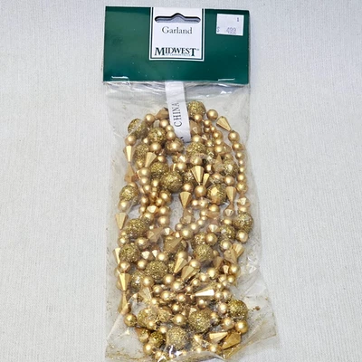 Midwest Gold Faceted Beaded Christmas Garland VTG 9 Ft Glittered NEW Old Stock