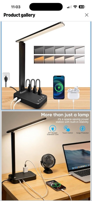 LED Desk Lamp Touch Control Power Hub 3 Outlets 4 USB Dimmer Black