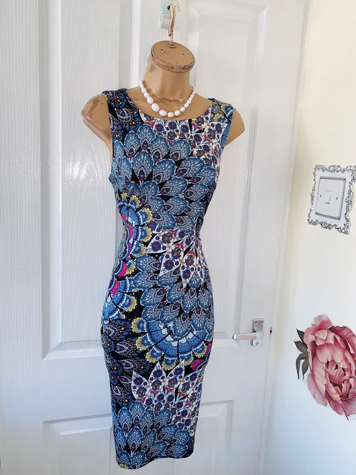 JOSEPH RIBKOFF Blue & Colourful Pecock Sequined Jersey Dress Uk Size 10 - Image 2 of 4