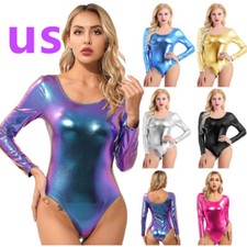 US Women's Shiny Metallic Patent Leather Bodysuit Long Sleeve Gymnastic Leotard