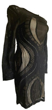 Lace & Mesh Bodycon Mini Dress Size S Lined w Beige Fabric Long Sleeve Back Zip