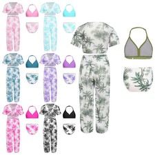 Kids Girls Bathing Suit Quick-drying Bikini Set Tropical Print Swimsuit Beach