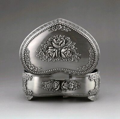 TIN ALLOY HEART SHAPE WITH FLOWERS MUSIC BOX ♫ BEAUTIFUL DREAMER ♫