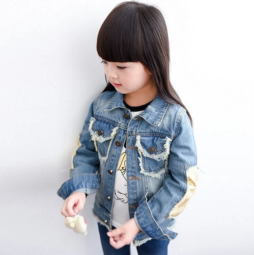 Sequin Toddler Kid Girl Jean Jacket Outdoor Travel School Denim Jacket Coat - Picture 5 of 20