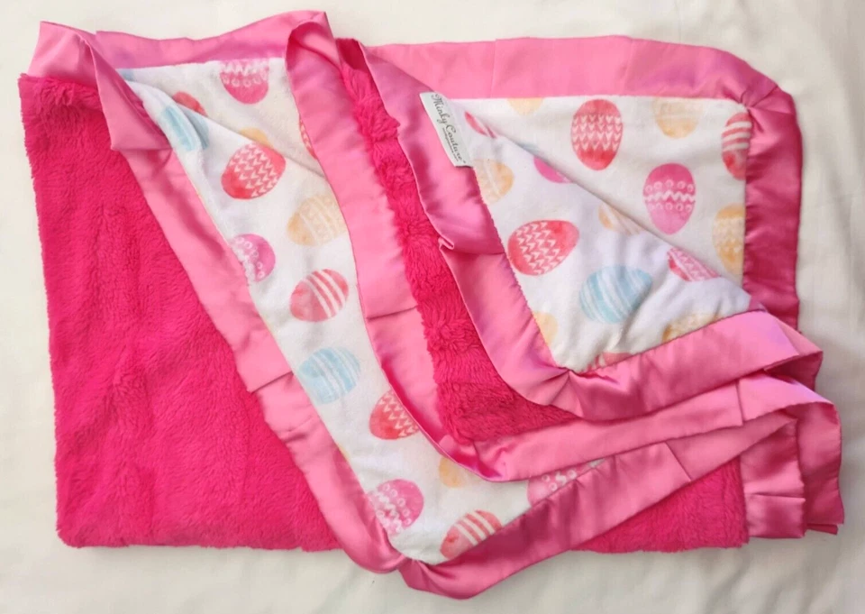 Minky Couture Easter Egg Pink Ruffled Satin Blanket Big 35x 48 Girls Plush - Image 2 of 4