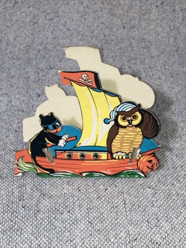 Vintage Black Cat Owl Pirate Ship Skull Die Cut Halloween Candy Container G.M.CO - Picture 7 of 15