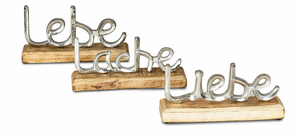 3Er Set Schriftzug Lebe Lache Liebe L23Cm Metall Silber Mango Holz Deko-image
