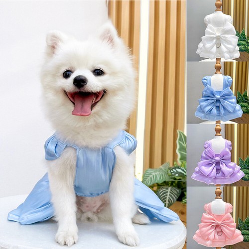 Pet Dog Wedding Dress Shiny Yarn Bow Princess Dress Dog Skirt + D-Ring Buckle ! - Picture 4 of 27