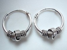 Bali Hoop Earrings 925 Sterling Silver with 3 Decorative Accents 9 mm