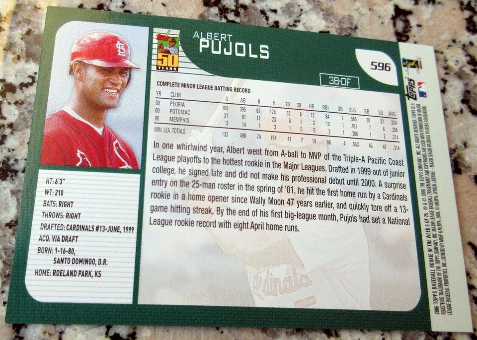 ALBERT PUJOLS Topps Rookie of the Week Cardinals 2 WS Rings Champs 703 HRs🔥🔥 - Imagem 2 de 2