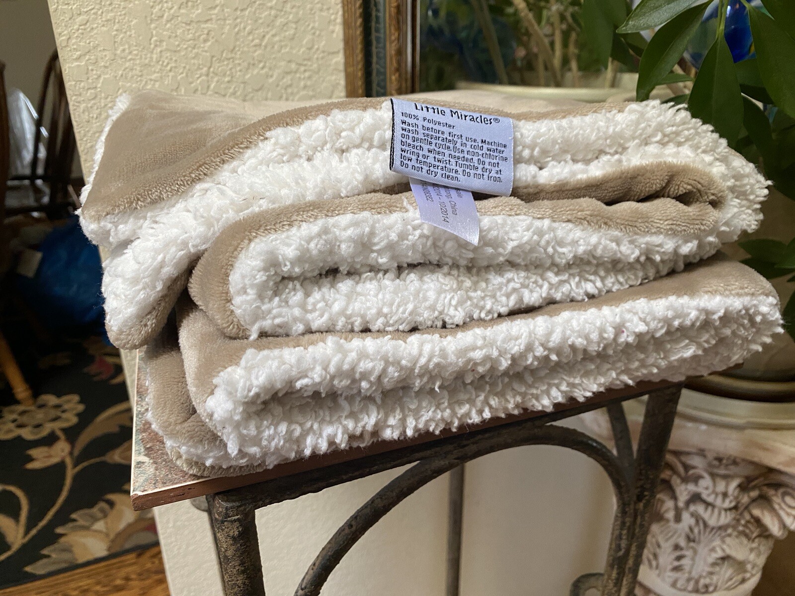 Little Miracles Tan Baby Blanket Velour /White Sherpa Costco + Plush