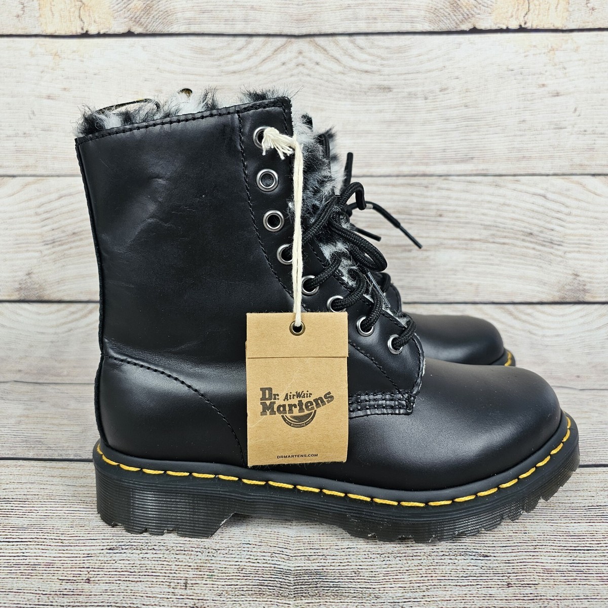 Dr Martens Black Leather Faux Fur Boots Dr. Martens 1460 Pascal FL Faux Fur Black Leather Lace Up  main image 4