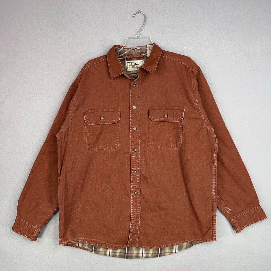 LL Bean Shirt Mens Large Orange Flannel Lined Hurricane Coated Shacket Gorp