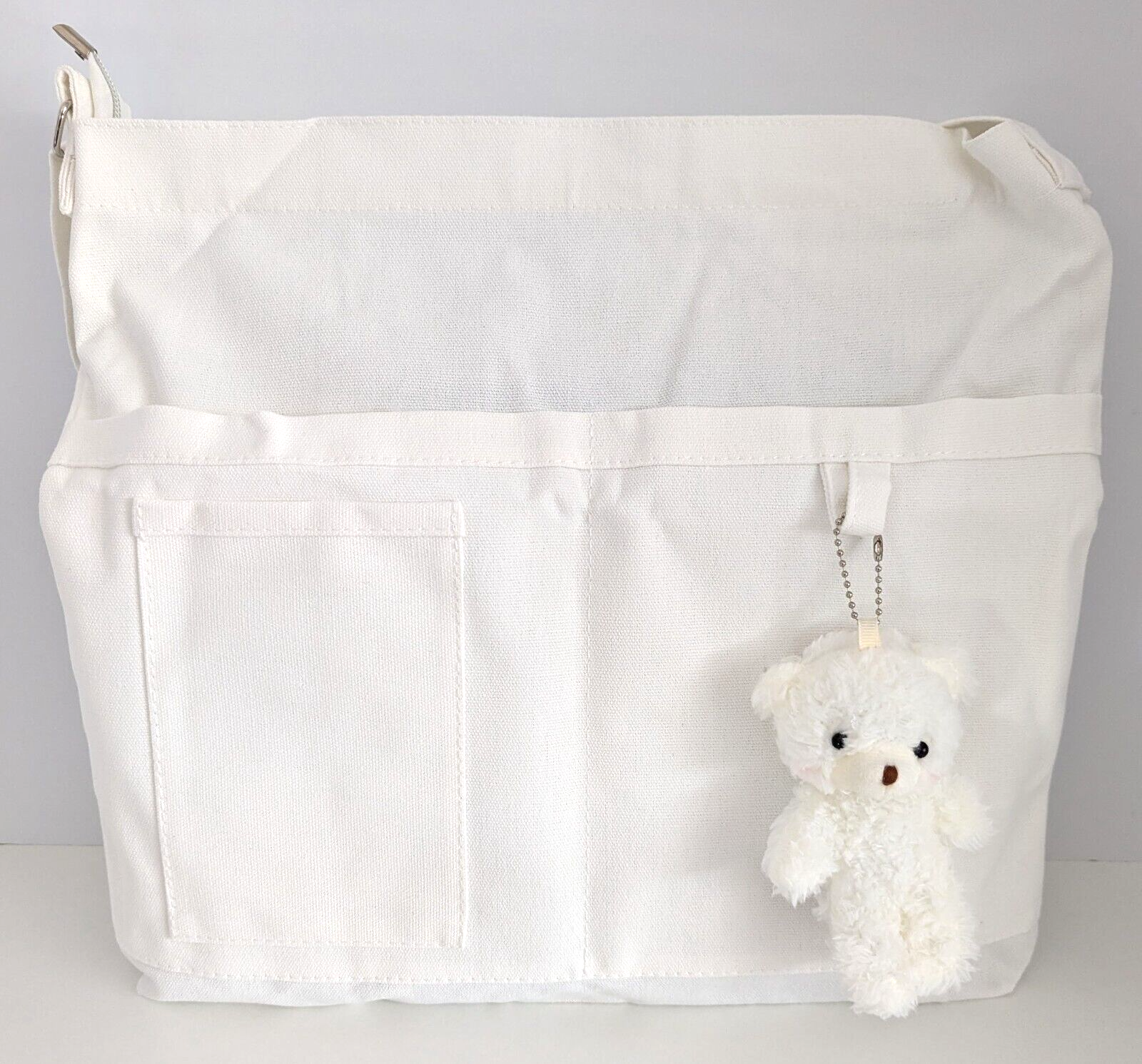 Crossbody Bag Canvas Top Zip with Bear Pendant White NEW-image