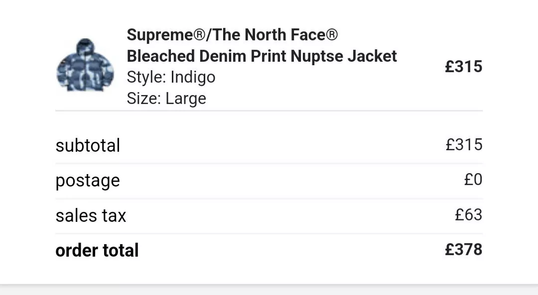 Supreme x The North Face Nuptse Jacket Bleached Denim Size Large