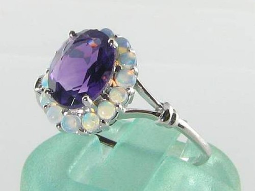 CRISP 9CT 9K WHITE GOLD AMETHYST & OPAL ART DECO INS CLUSTER RING FREE SIZE - Picture 2 of 5