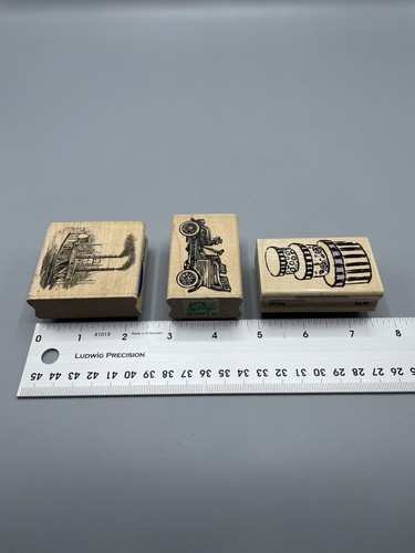 Set 3 Stampabilities Rubber Stamps Wood Mounted River Boat Old Car Hat Box Stack - Picture 8 of 8