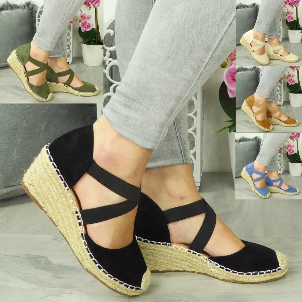 Ladies Wedge Sandals Womens Hessian Summer Elastic Strappy Shoes | eBay