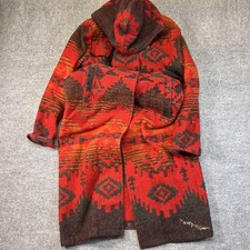 Vintage Woolrich Navajo Aztec Wool Duster Coat Hooded Blanket Jacket Size Large