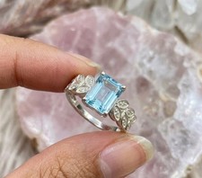 Emerald Cut Aquamarine Ring 925 Sterling Silver Vintage Engagement Ring.