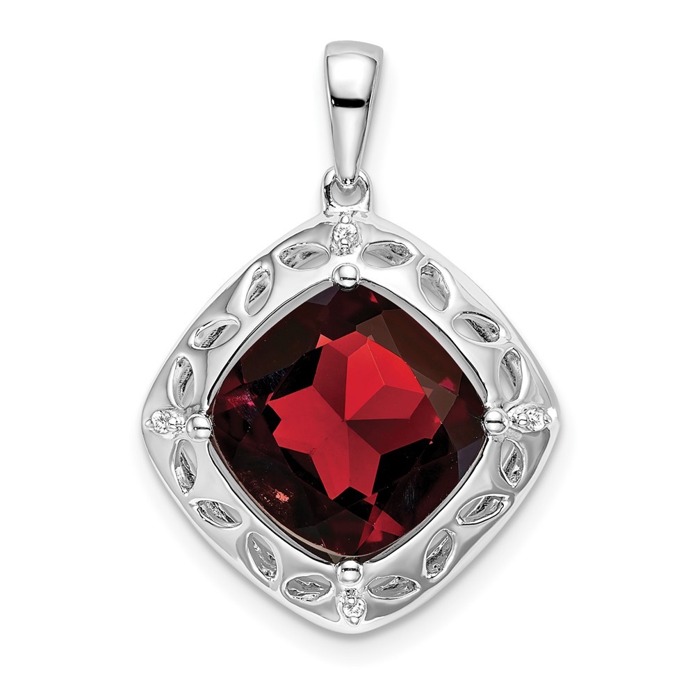 Sterling Silver Garnet and Diamond Pendant for Women L-26.1 mm, W-17.6 mm