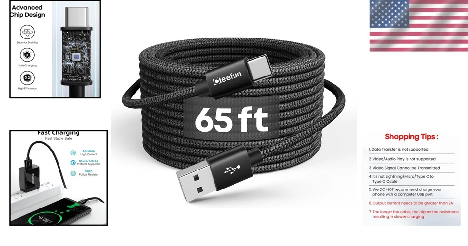 Long 65ft USB-A to Type C Charger Cord - 3A Fast Charge - Image 2 of 4