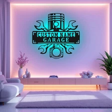 Custom Garage Name Metal Wall Art With LED Light Personalized Workshop Name Sign