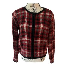 Vintage Paul Harris Women  s Cardigan S Mohair Blend Red Black Plaid Fuzzy Zip Up