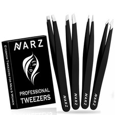 NARZ 4-piece Professional Tweezers for Women Facial Hair Stainless Steel Black