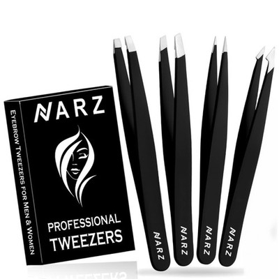 4Pc Professional Tweezers Set Eyebrow Facial Hair Removal Stainless Steel Black