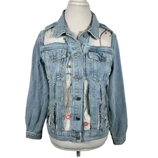 Davi & Dani Embroidery Mesh Jean Jacket Floral Light Wash Boho Womens Size S