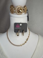 Paparazzi Jewelry - Gold Rhinestone Necklace Hinge Earrings And Bracelet Set
