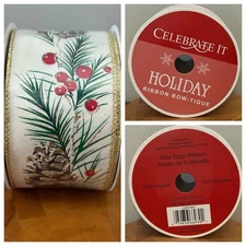 VTG Celebrate It Wired Christmas Ribbon Pine Cone On Branch Gold Red Holly NEW