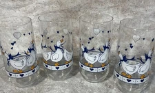 4 Vintage 16 oz Water Glasses Tumblers Country Geese Blue Ribbons & Hearts Libby