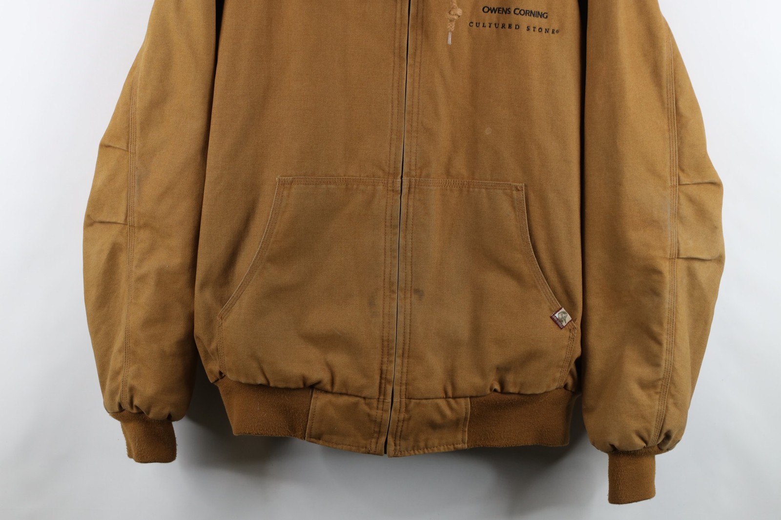 Vintage Mens XL Distressed Owens Corning Quilted Canvas Hooded Work Jacket Brown