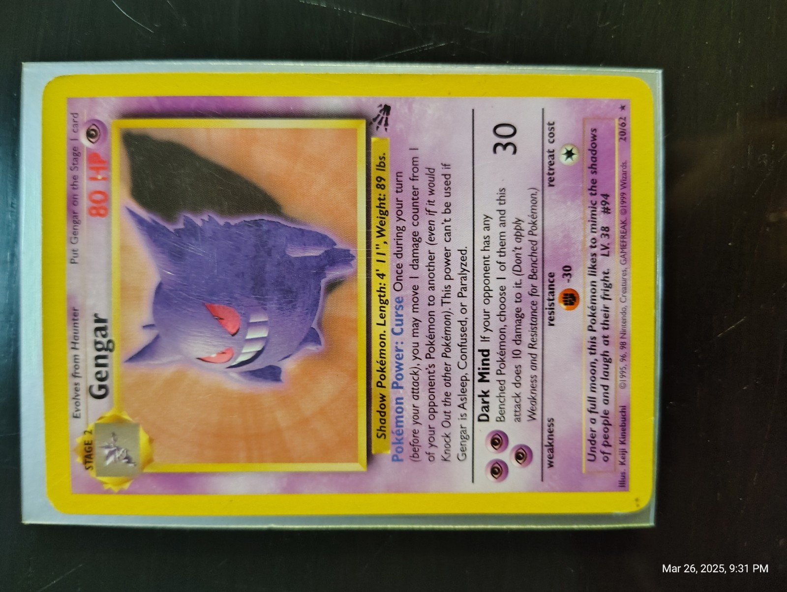 Gengar Pokemon Card 80 HP LV 38 #94 20/62 Very Rare Near Mint 1999 Gamefreak