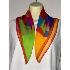 Vintage Bright Multicolor Geometric Chiffon Scarf - Green, Orange, Blue Pink