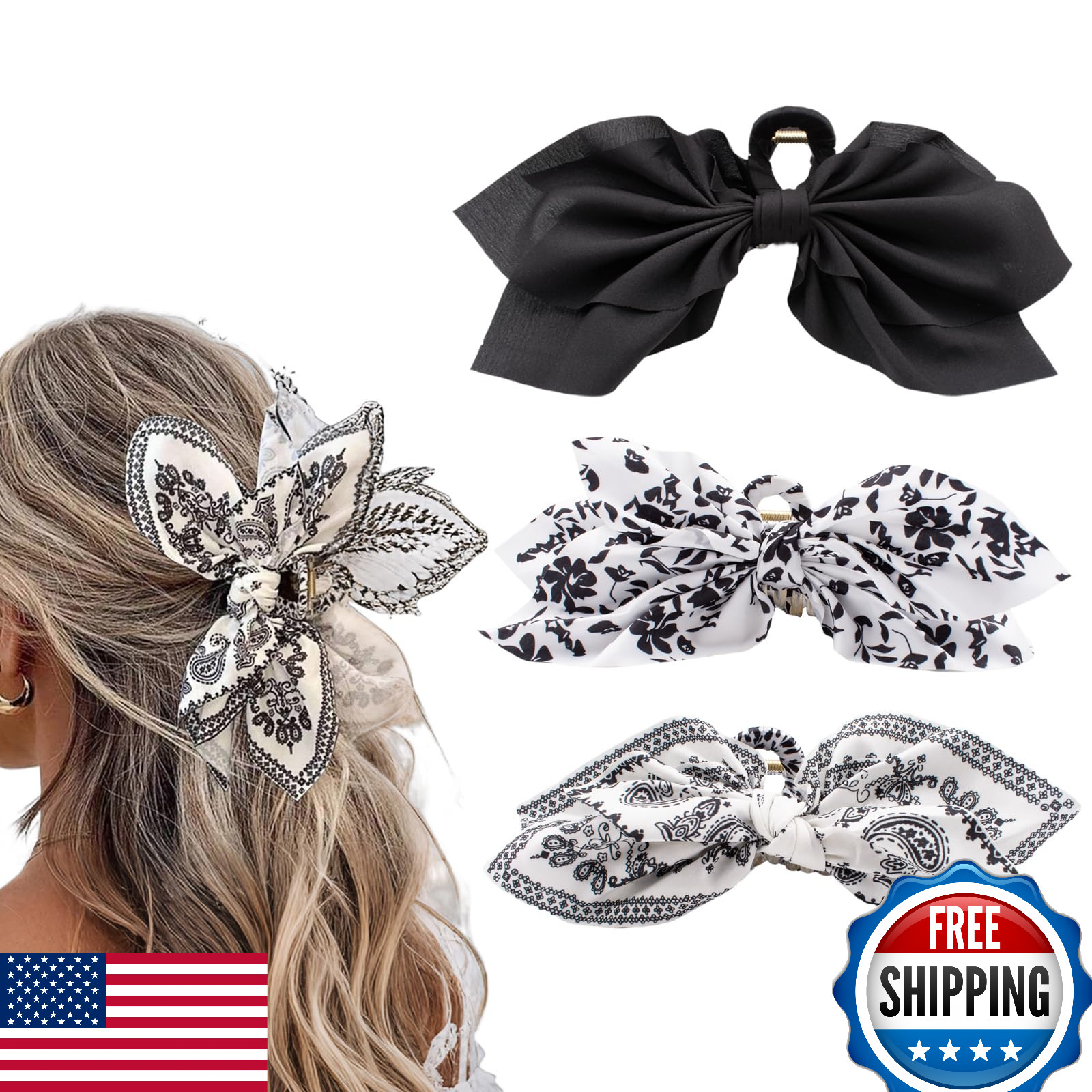 Hadutrek Bow Claw Clips Black White 3PCS Big Hair Bows for Women Thick Hair