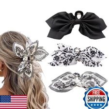 Hadutrek Bow Claw Clips Black White 3PCS Big Hair Bows for Women Thick Hair
