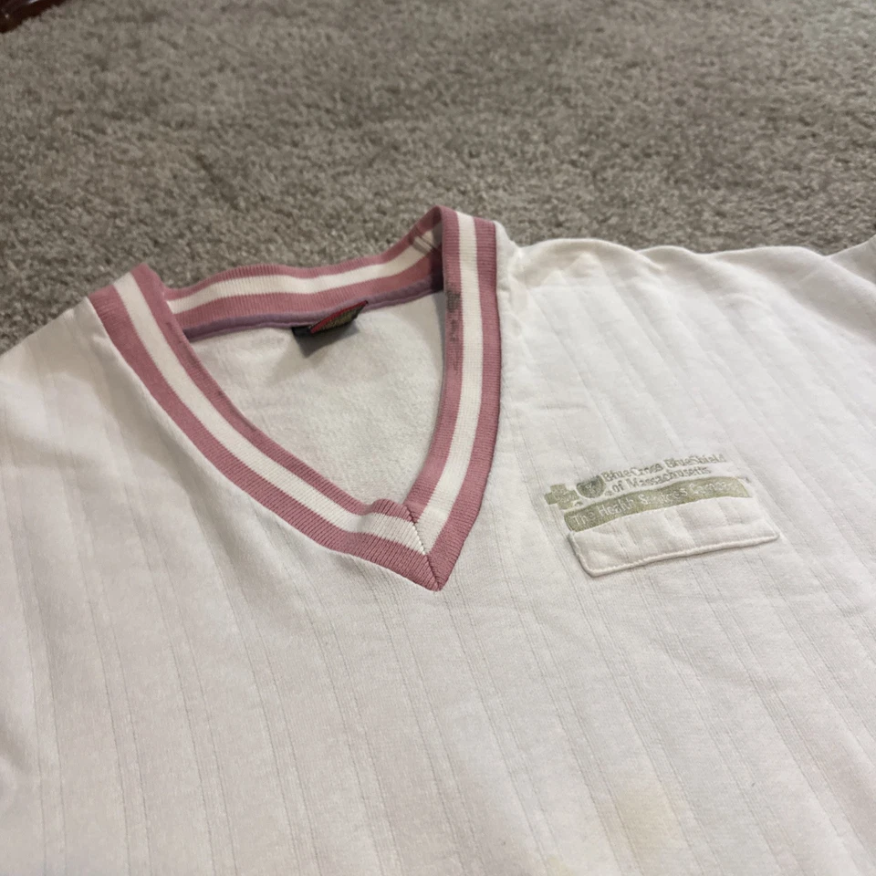 VTG 90s Blue Cross Blue Shield White Pink V-Neck Sweater Large USA Foto 3 de 4
