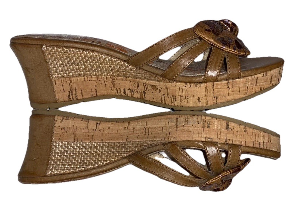 Two Lips Womens Brown Leather Strappy Wedge Slip On Sandals Bow Floral US 9