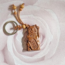 Lucky Good Fortune Beckoning Cat Maneki Neko Peach Wood Keyring Keychain