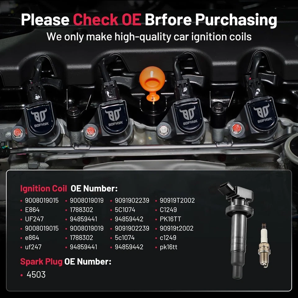 4 Ignition Coils Pack UF315 and Spark Plug For 2003-2008 Toyota Matrix 1.8L L4 - Image 4 of 4