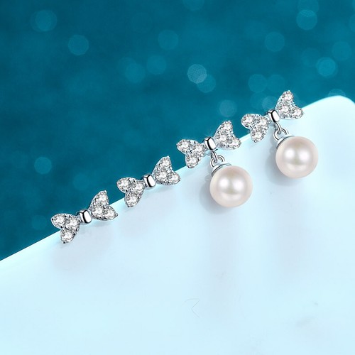 7MM Genuine Freshwater Pearl GRA Moissanite Bowknot Stud Earring 14K Gold Plated - Picture 3 of 13