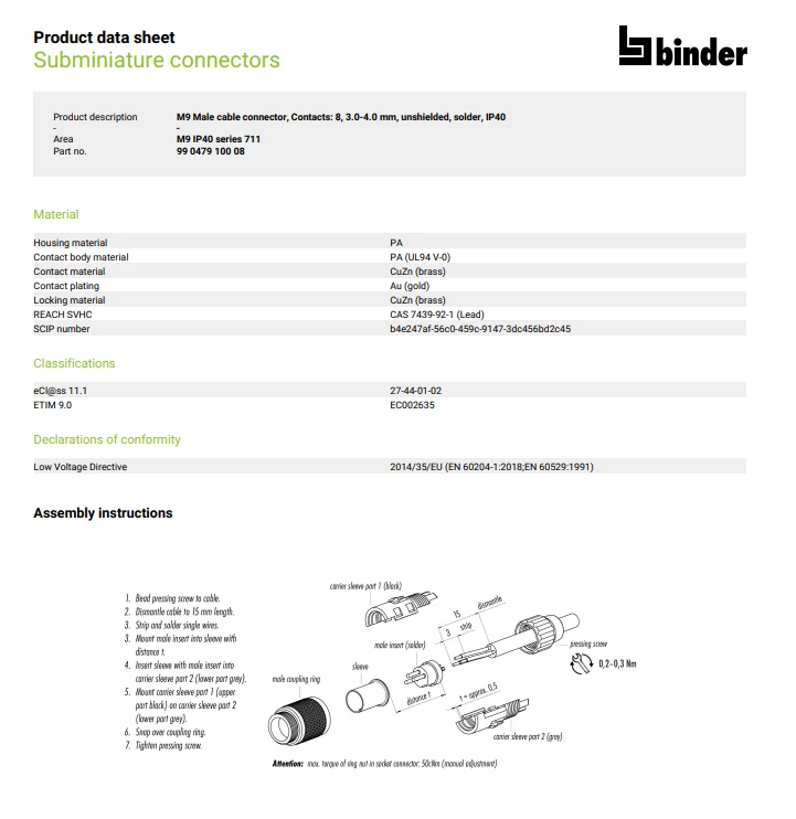Binder Circular  Connector M9 Plug 8 Pin Male Solder 99 0479 00 08 Series 711 - Image 3 of 4